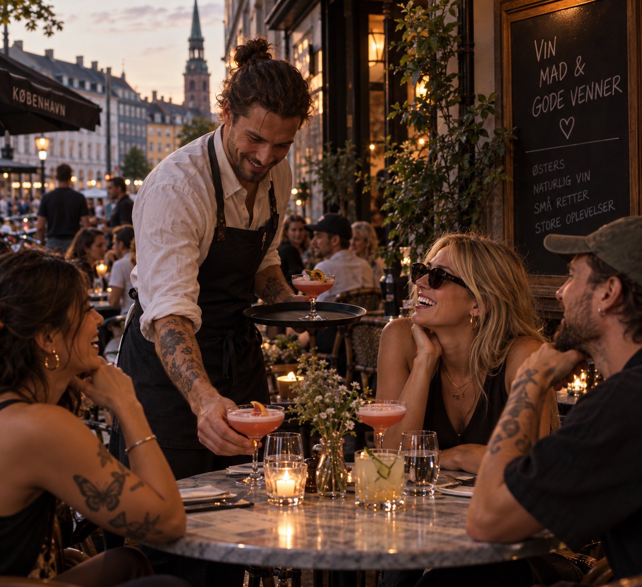 Tjener serverer drinks til gæster på en cafe udenfor